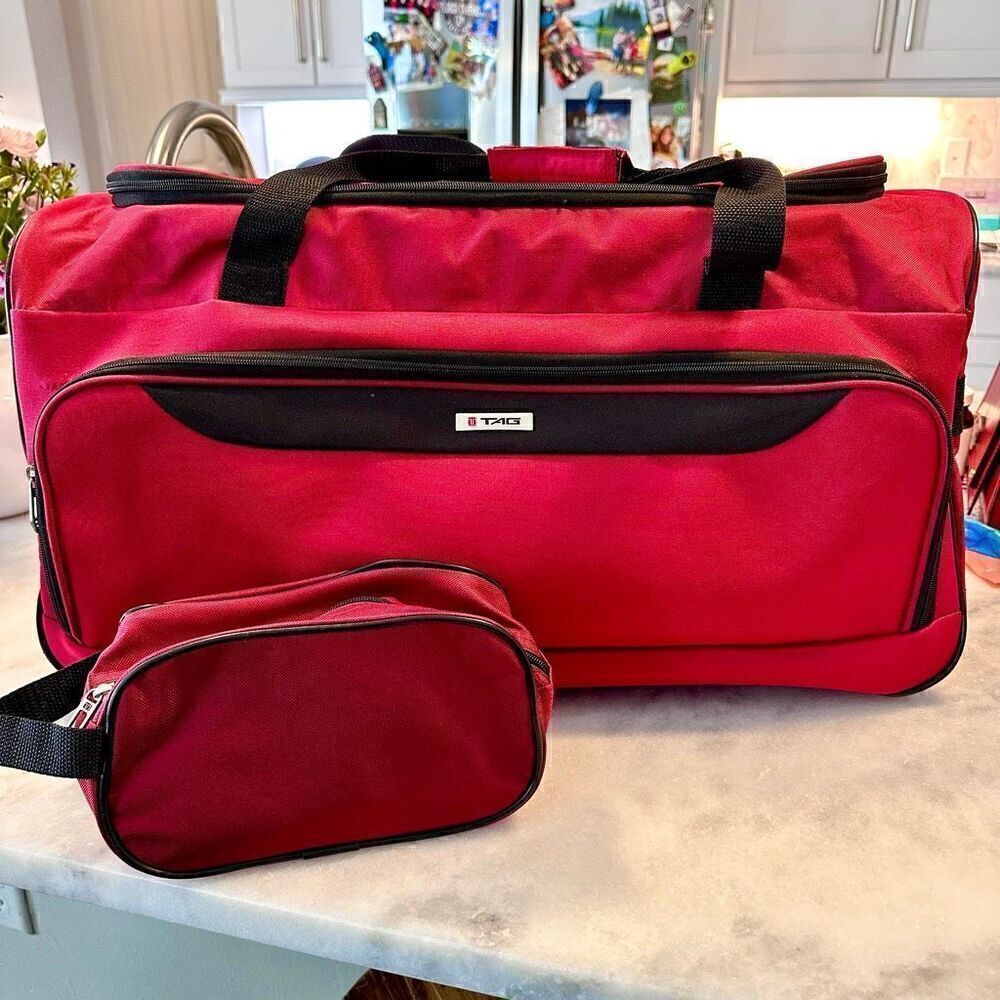 Tag Rolling Duffel Travel Suitcase with Extendable Handle and Toiletry Case Red